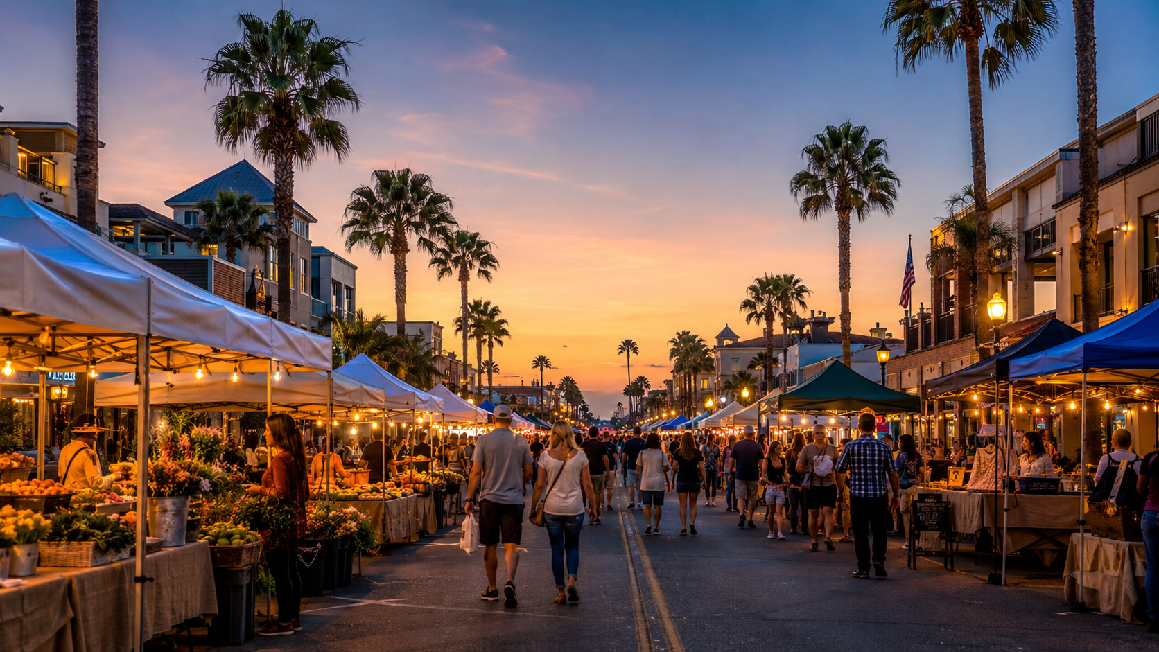 Downtown Huntington Beach Main Street at sunset